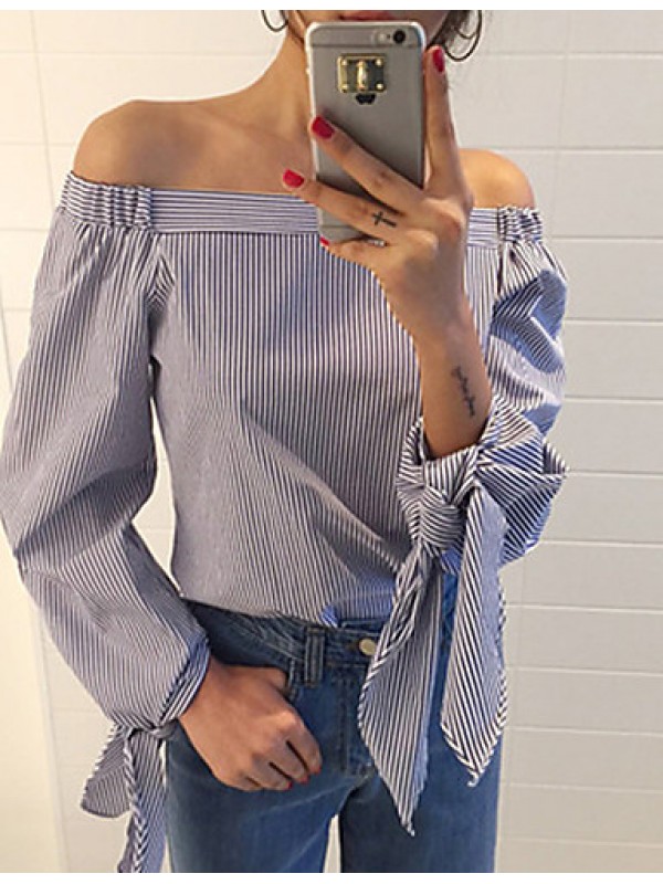 Women's Casual/Daily Sexy / Street chic Summer Blouse,Striped Boat Neck Long Sleeve Blue Cotton Thin