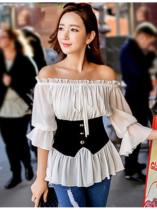 Women's 2016 New Spring Tops Color Block White Shirt , Boat Neck ? Length Sleeve,Lady's Off-The ShoulderTop