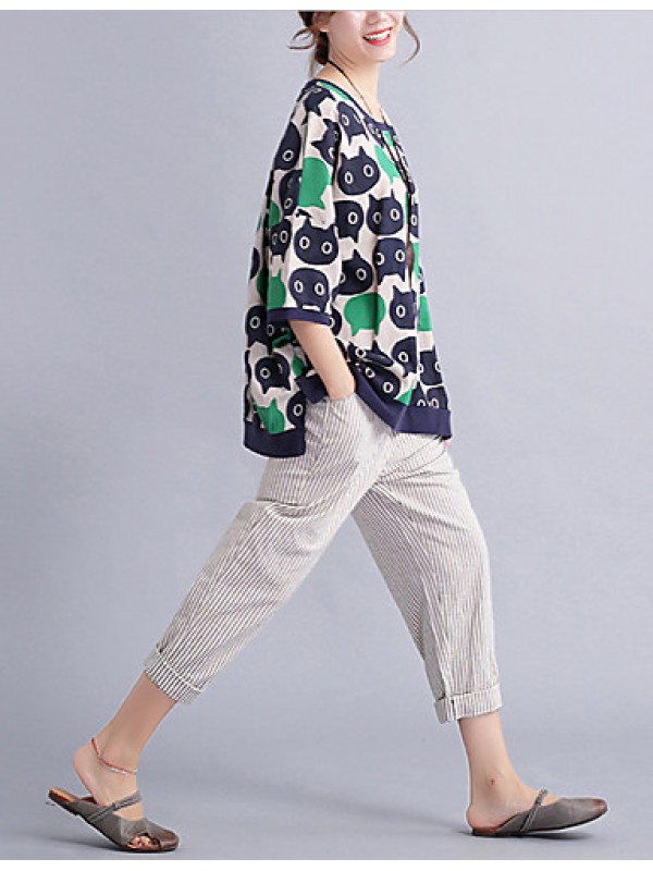 Women's Casual/Daily Cute / Street chic Spring / Fall T-shirt Print Round NeckSleeve Green Cotton / Linen Medium