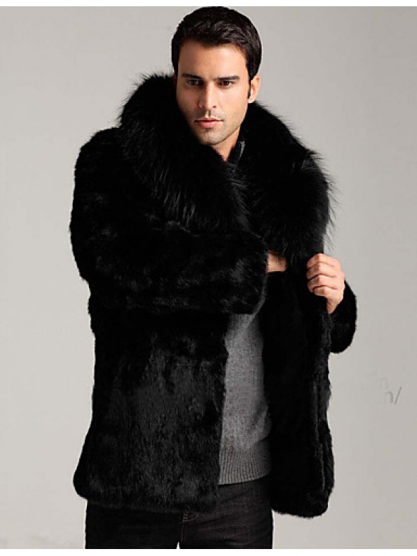 Men's Casual/Daily / Work / Plus Size Simple Fur Coat,Solid V Neck Long Sleeve Winter Black Faux Fur Thick
