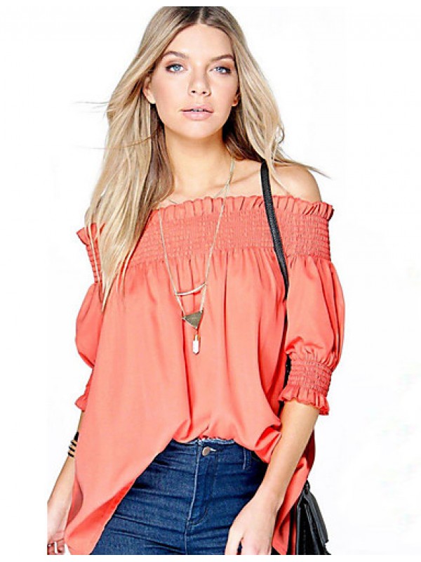 Women's Casual/Daily Sexy / Street chic Spring Blouse,Solid Boat Neck ? Length Sleeve Red / Black / Orange Polyester Thin