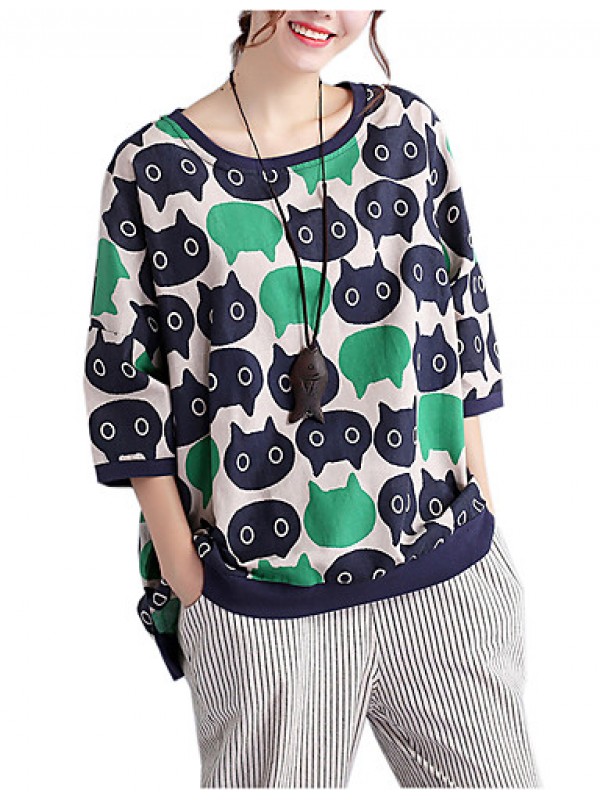 Women's Casual/Daily Cute / Street chic Spring / Fall T-shirt Print Round NeckSleeve Green Cotton / Linen Medium