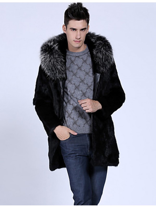 Men's Casual/Daily / Formal / Work Vintage / Street chic Hodded Fur Coat Solid Long Sleeve Winter Black Faux Fur Thick