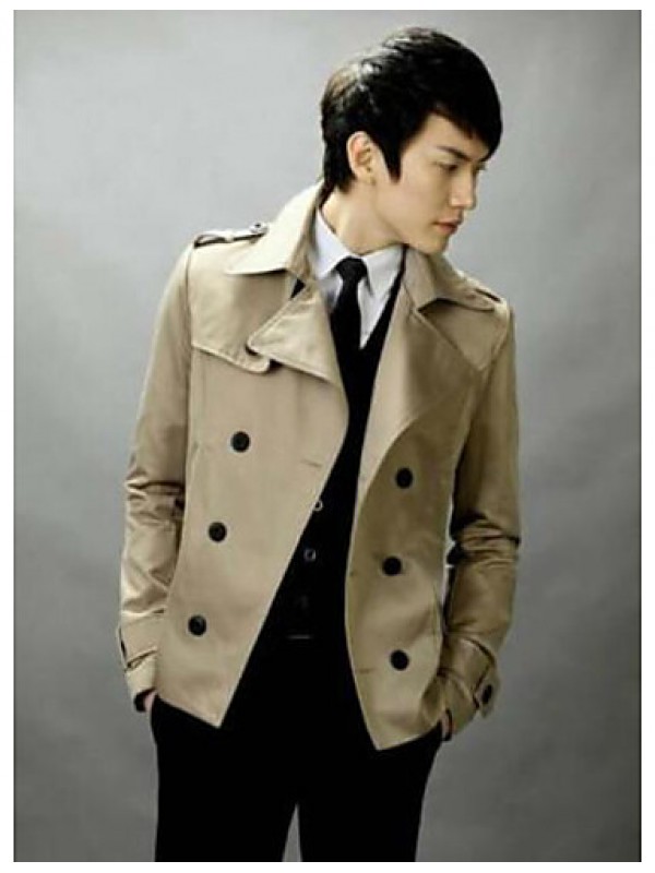 Men's Casual/Daily Simple Trench Coat,Solid Shirt Collar Long Sleeve Fall / Winter Beige / Black Cotton Medium