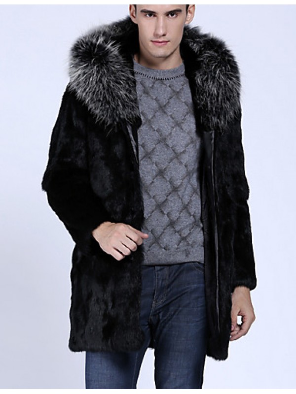 Men's Casual/Daily Simple Fur Coat,Solid Hooded Long Sleeve Winter Black Faux Fur Thick
