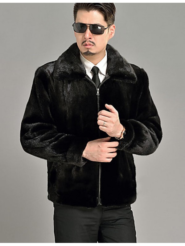 Men's Casual / Formal / Work Vintage / Street chic Zip Coat Solid Long Sleeve Winter Black Faux Fur Thick
