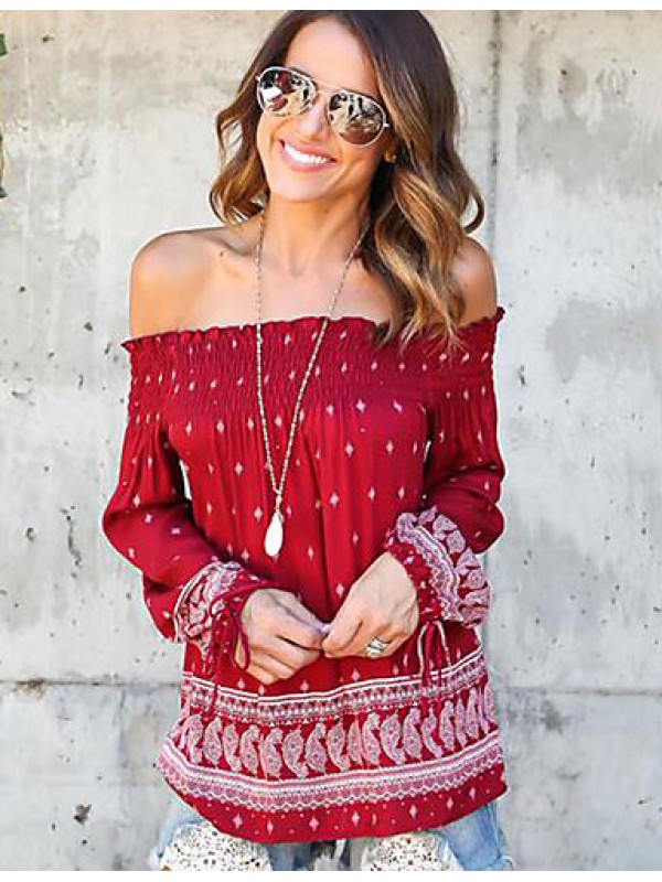 Women's Casual/Daily Sexy / Street chic Backless Bandage Spring / Fall T-shirt Print Boat Neck Long Sleeve Red