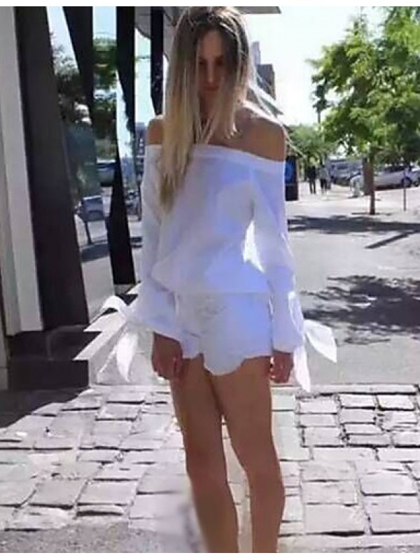 Women's Casual/Daily Sexy / Street chic Spring Blouse,Striped Boat Neck Long Sleeve Blue / White Polyester Thin